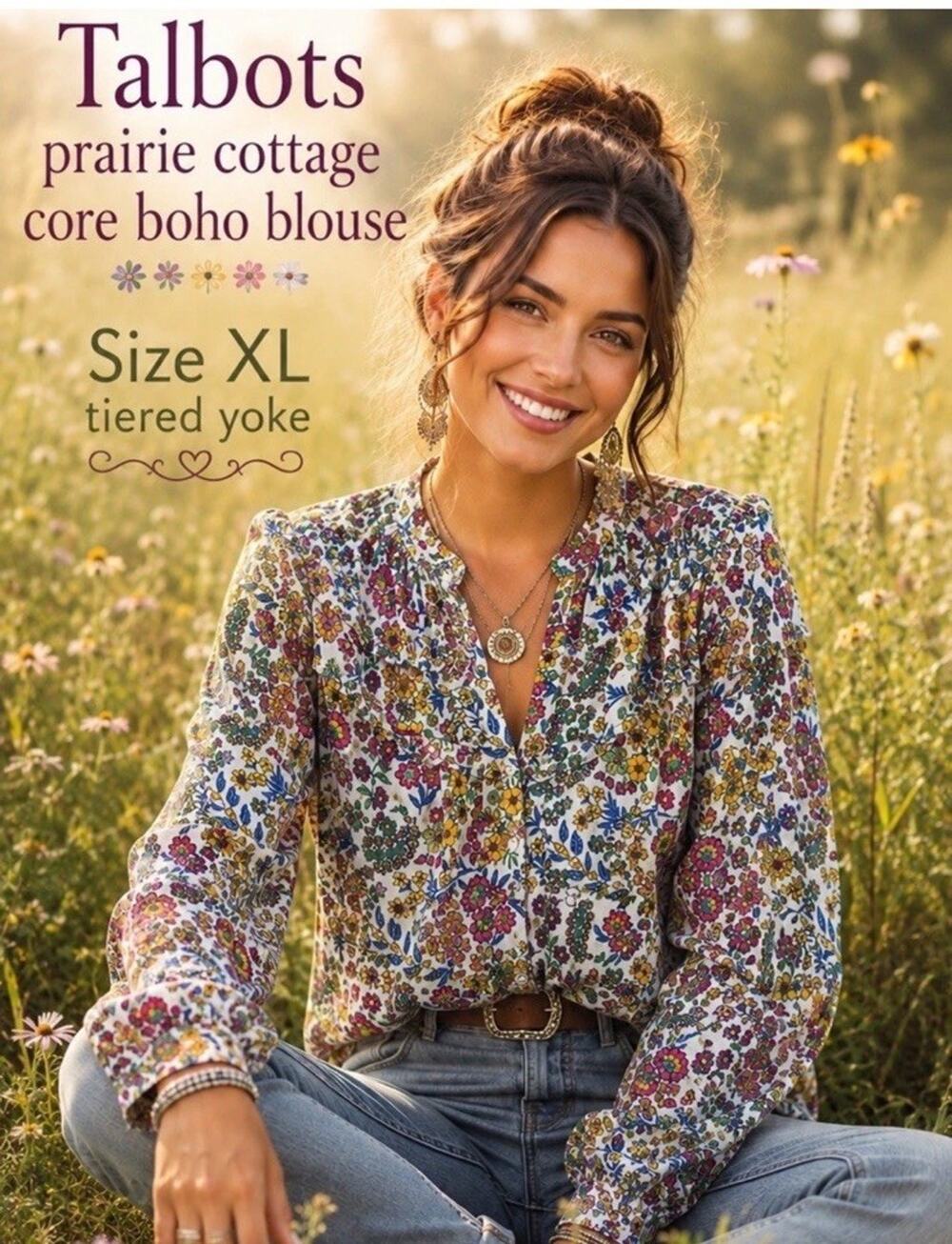 Talbots Blouse XL Retro Button long sleeve Prarie Tiered Yoke Floral Cottage